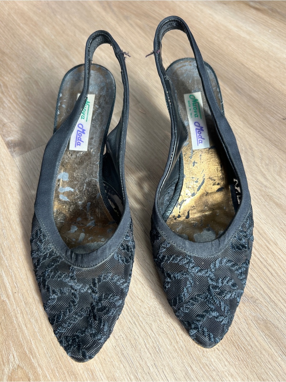 Vintage Black Lace Pointed Slingback Heels